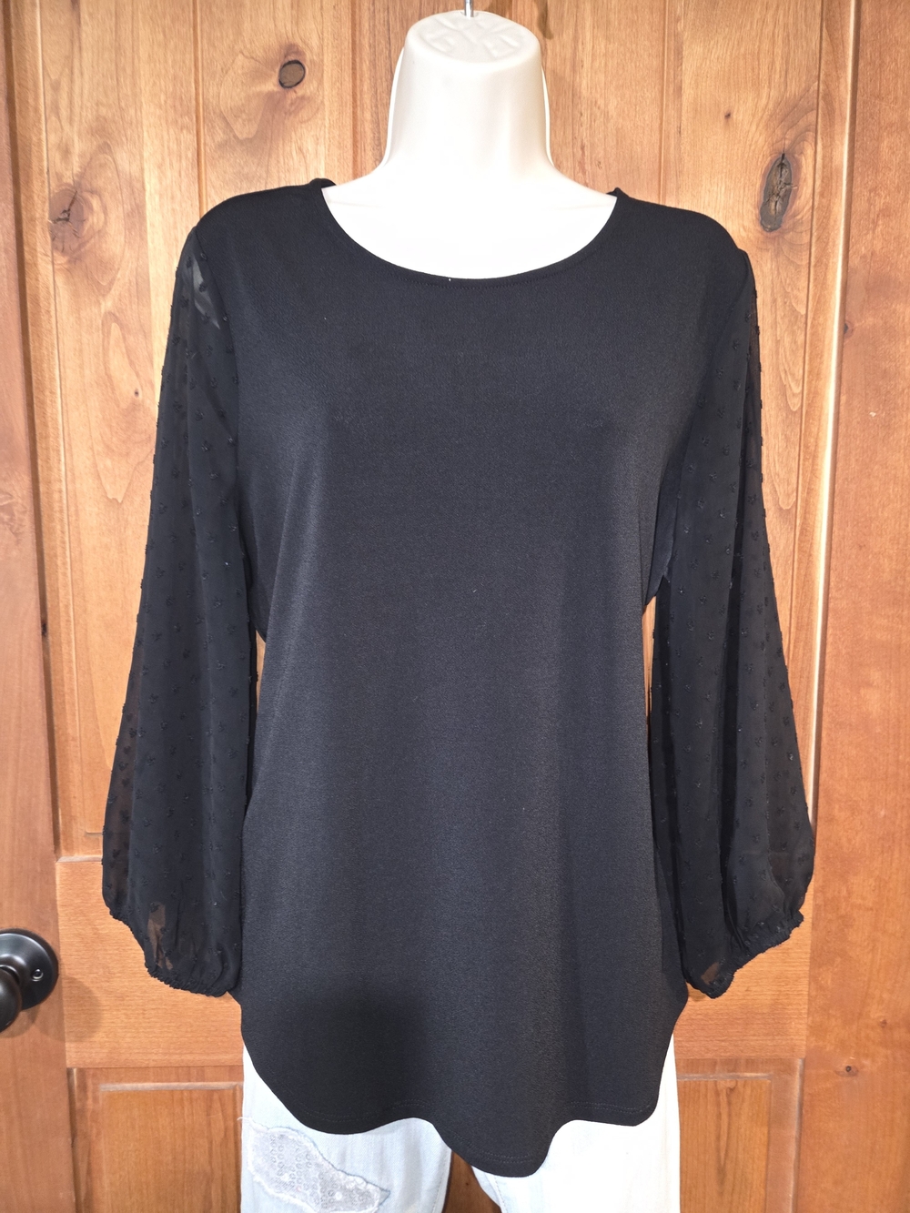 Adrianna Papell Black Swiss Dot Sheer Sleeve Blouse